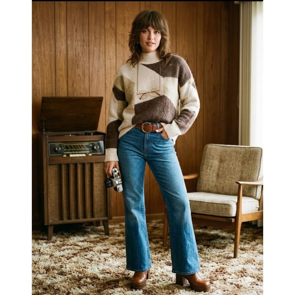 Michelle Nicole Wool Sweater Brown Mock Neck Fall Pullover 70's Retro Sz M